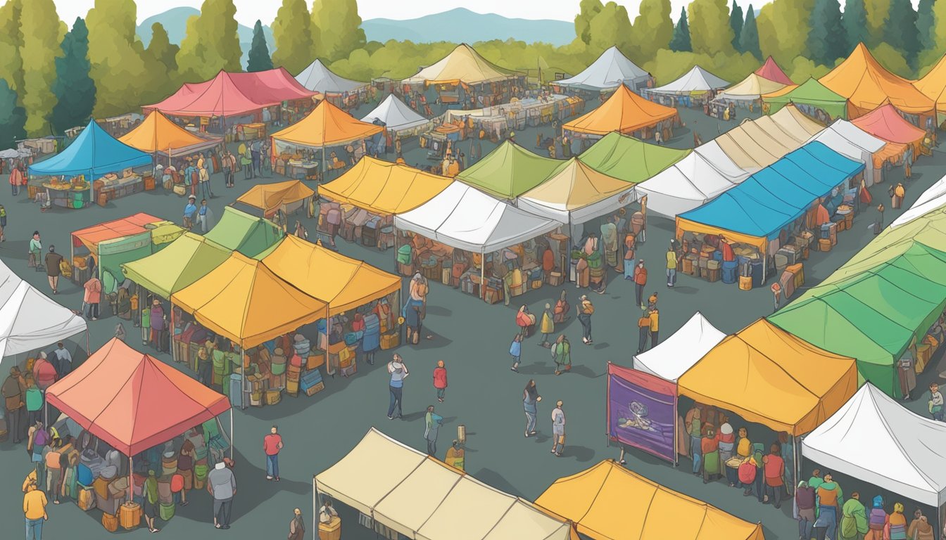 A bustling craft beer festival in Hayward, CA, with rows of colorful tents and a variety of seasonal and limited-release specialties on display