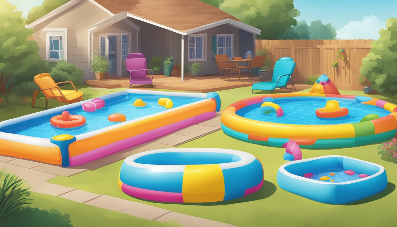 A backyard with a variety of colorful and inflatable kiddie pools set up on a sunny day