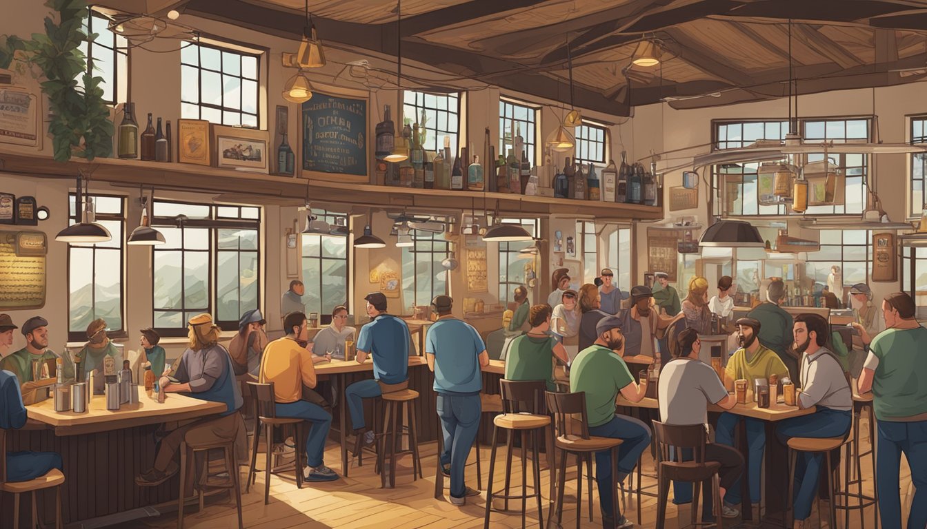 A bustling local brewery with a variety of craft beers on tap, surrounded by lively patrons enjoying drinks and conversation