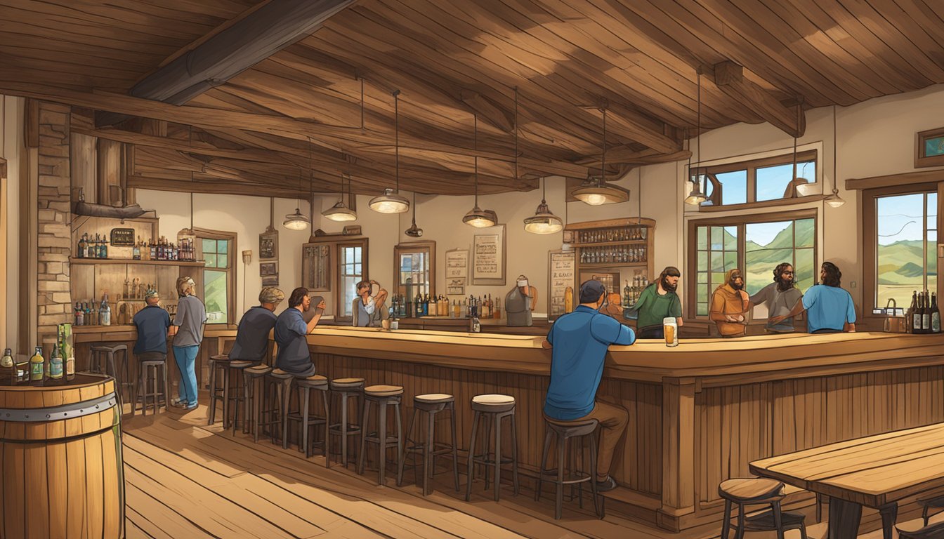 A cozy tasting room with wooden bar, beer taps, and rustic decor. Patrons chat and sample local craft beers in Hayward, CA