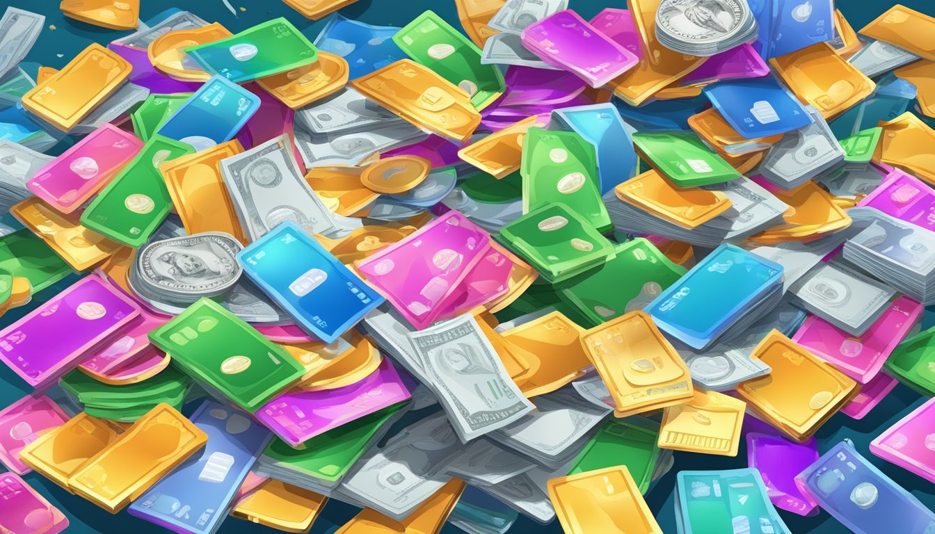 A pile of colorful rewards and membership cards falling into a pool of coins and dollar bills