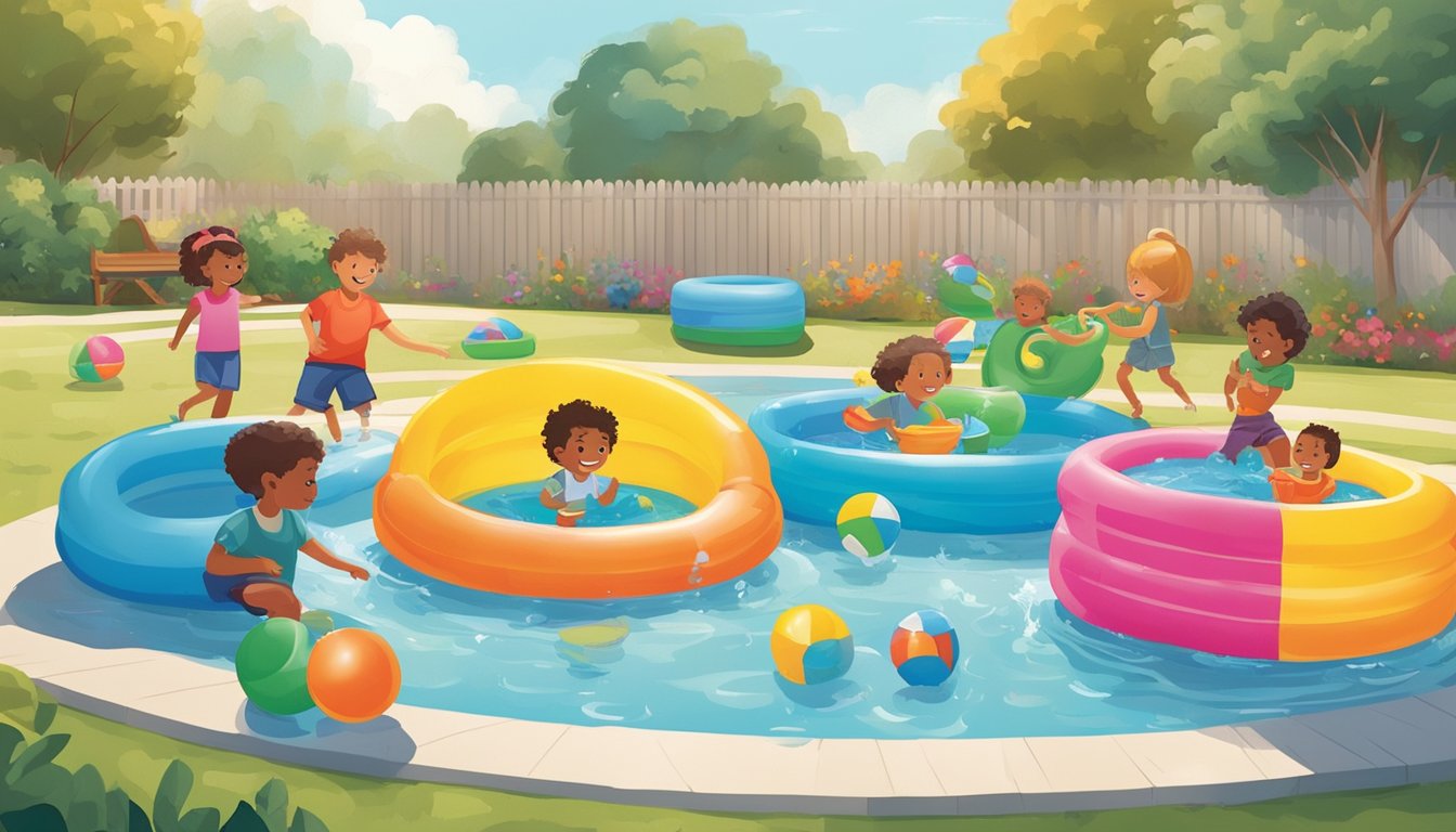 Children playing in a backyard filled with inflatable kiddie pools, colorful water toys, and smart, affordable pool accessories for creative and fun activities