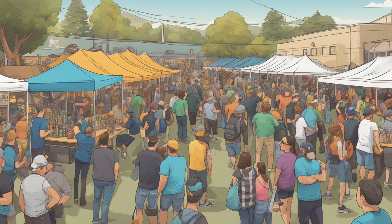 A bustling craft beer festival in Hayward, CA with diverse local breweries showcasing their unique and flavorful brews