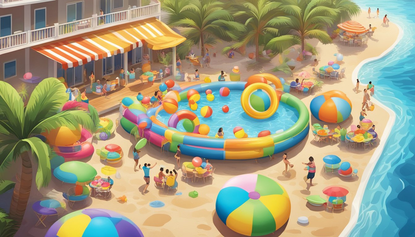 Colorful kiddie pools surrounded by beach balls, inflatable rafts, and tropical decorations. Tables piled with snacks and drinks, while kids splash and play in the water