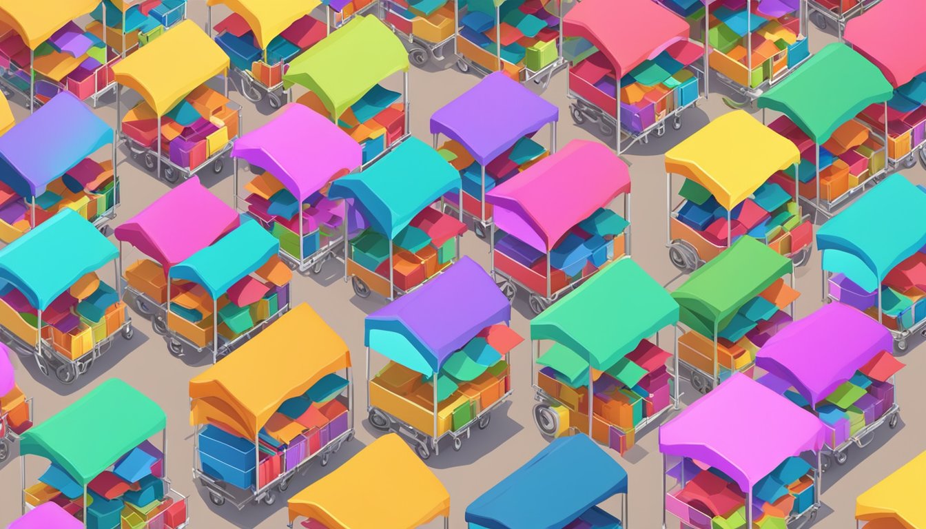 A colorful marketplace with animated shopping carts and discount signs