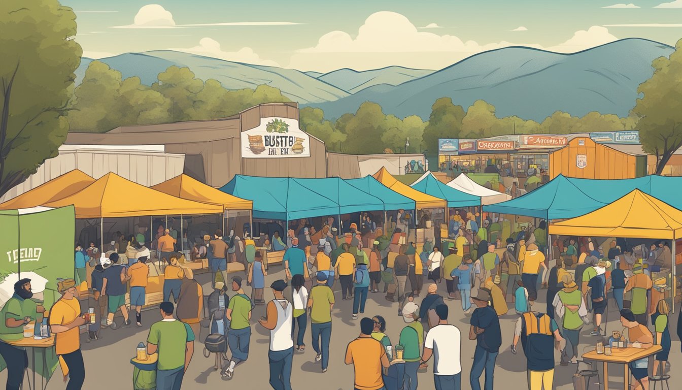 A bustling craft beer festival in Hayward, CA, with vendors showcasing unique brews in a lively outdoor setting