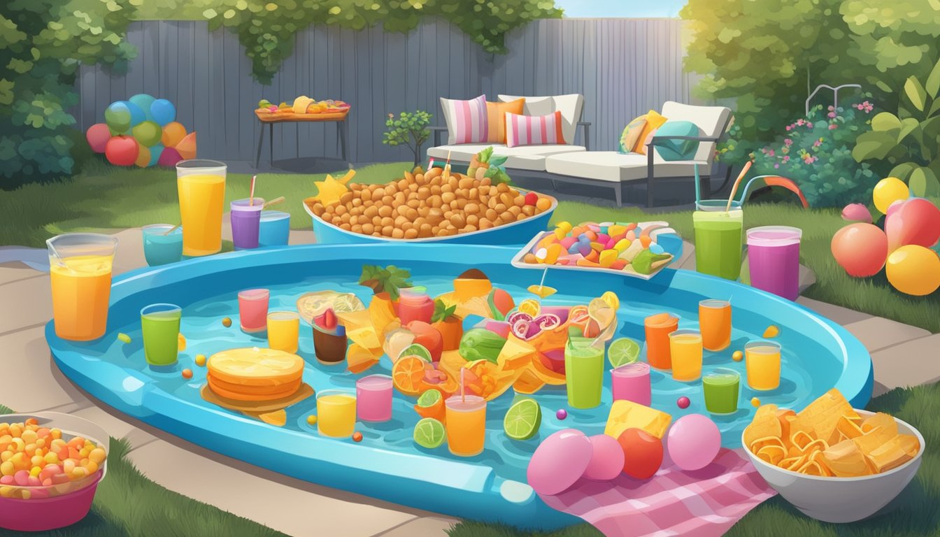 A colorful kiddie pool surrounded by snacks, drinks, and decorations in a backyard