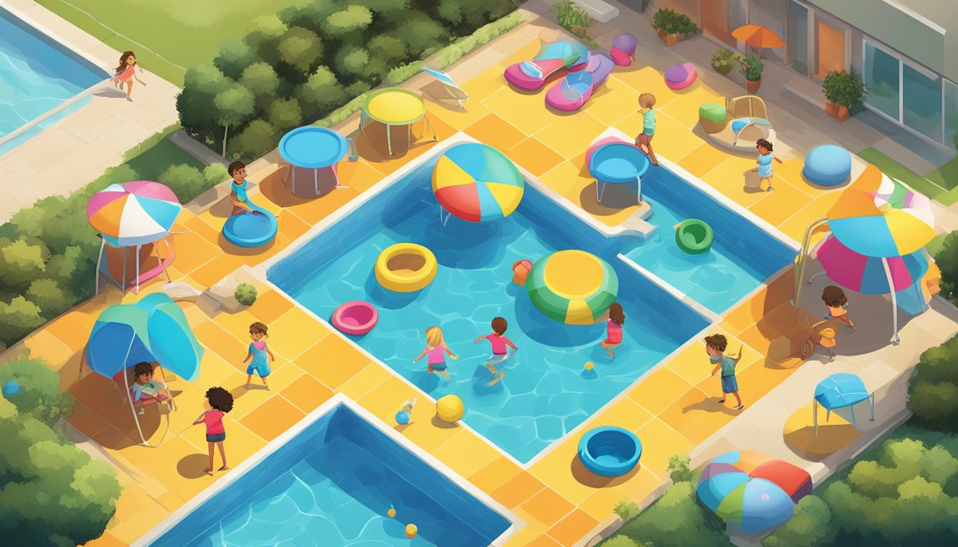 Children playing in small, colorful pools surrounded by smartly designed, affordable pool accessories