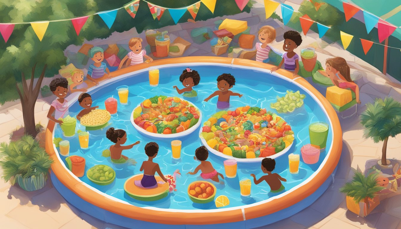 A colorful kiddie pool filled with Trader Joe's food and drinks surrounded by festive decorations and happy children