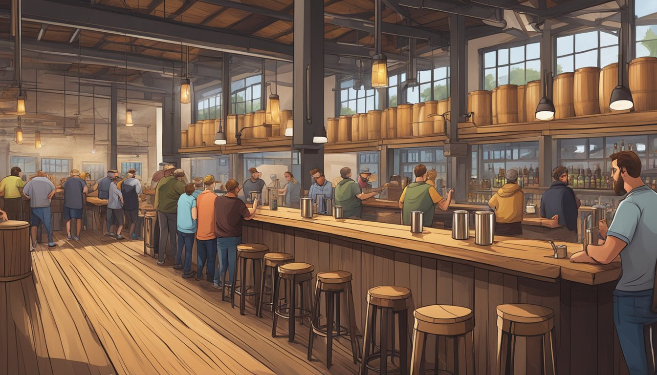 A bustling craft beer brewery with a rustic, industrial interior, filled with oak barrels and stainless steel tanks. Patrons gather around wooden tables, sipping on various brews and engaging in lively conversation