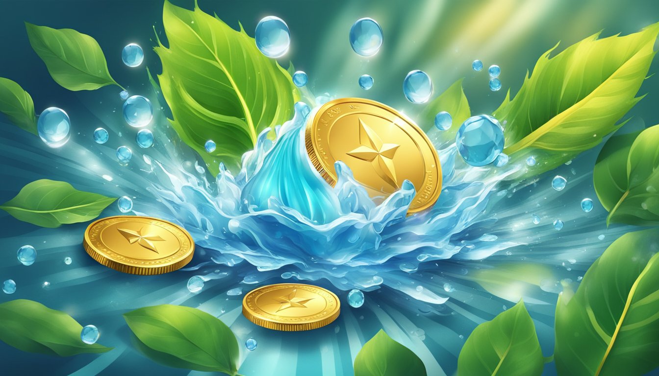 A burst of water droplets and leaves, merging with a shining coin