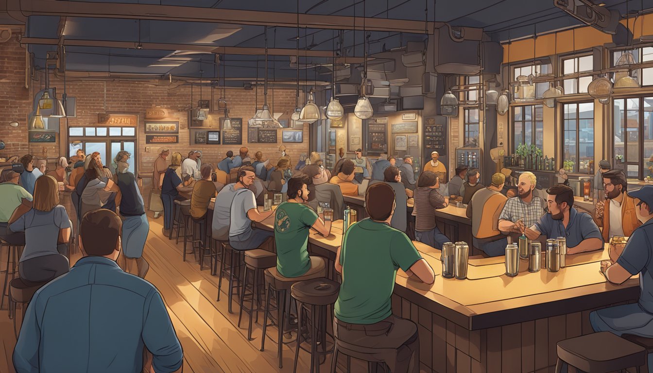 A bustling taproom with industrial decor, filled with patrons enjoying craft beer flights and engaging in lively conversation