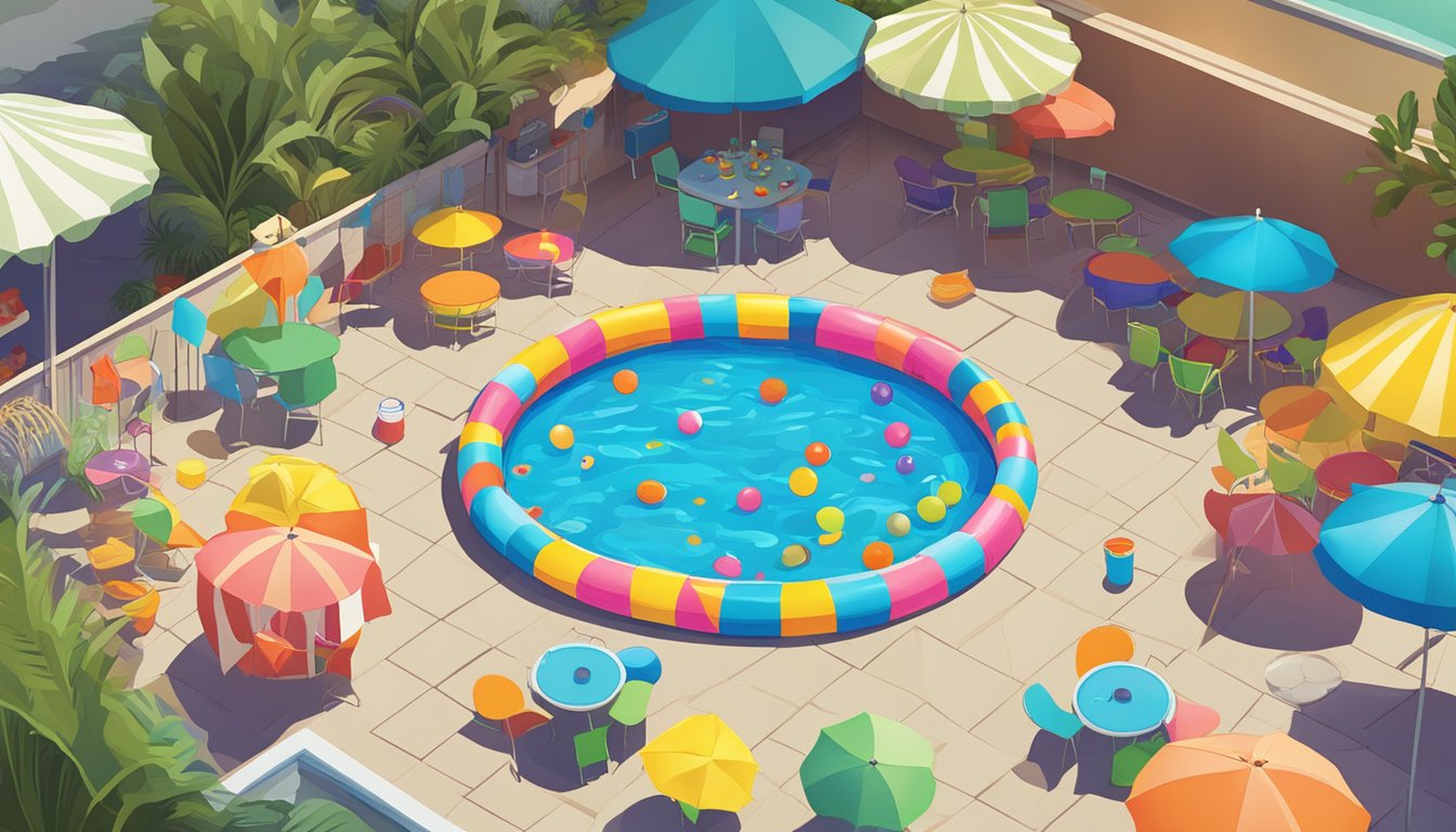 A colorful kiddie pool surrounded by empty snack bags and scattered pool toys after a lively Trader Joe's party