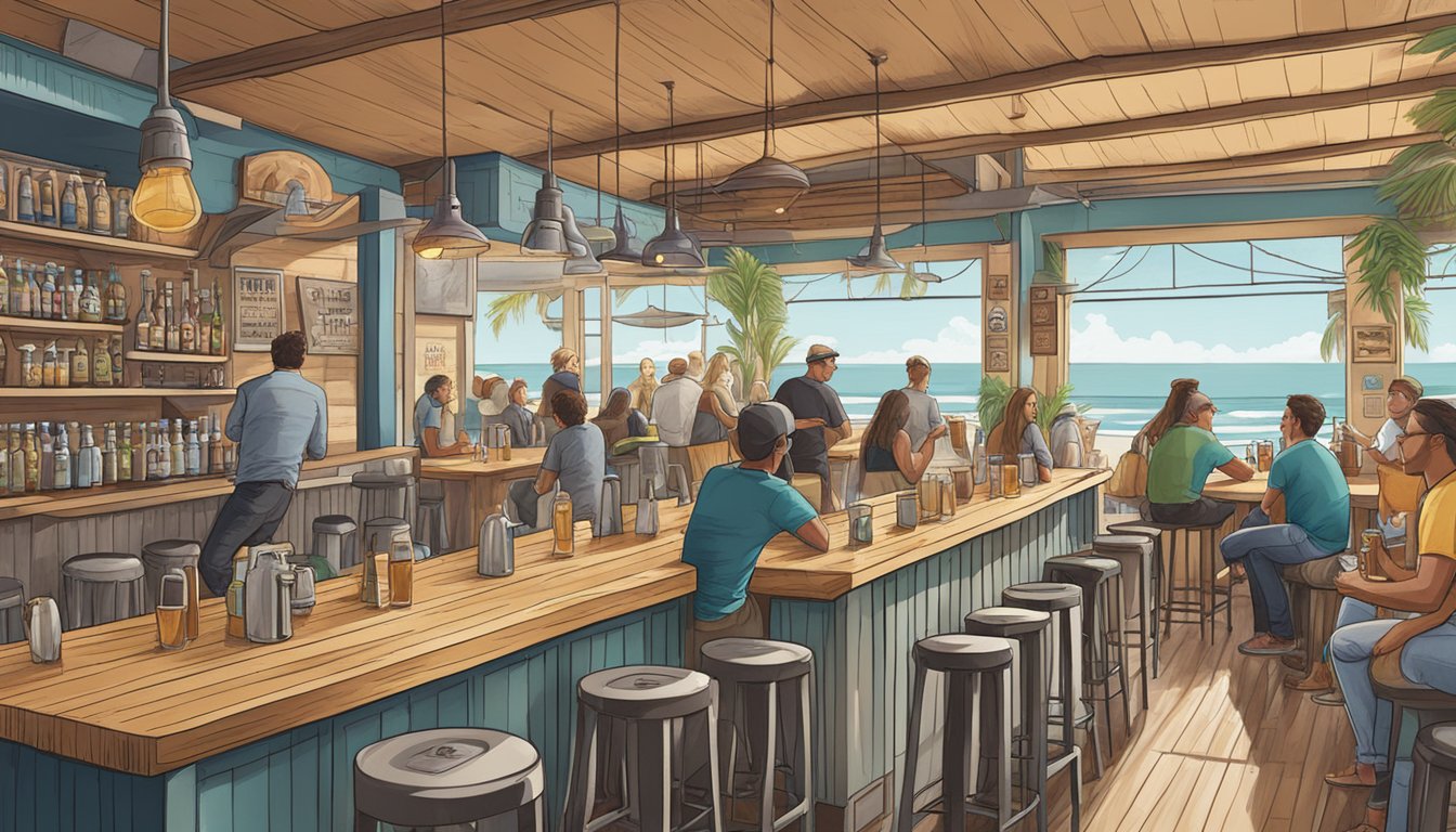 A bustling craft brewery scene in Huntington Beach, with outdoor seating and surf-inspired decor