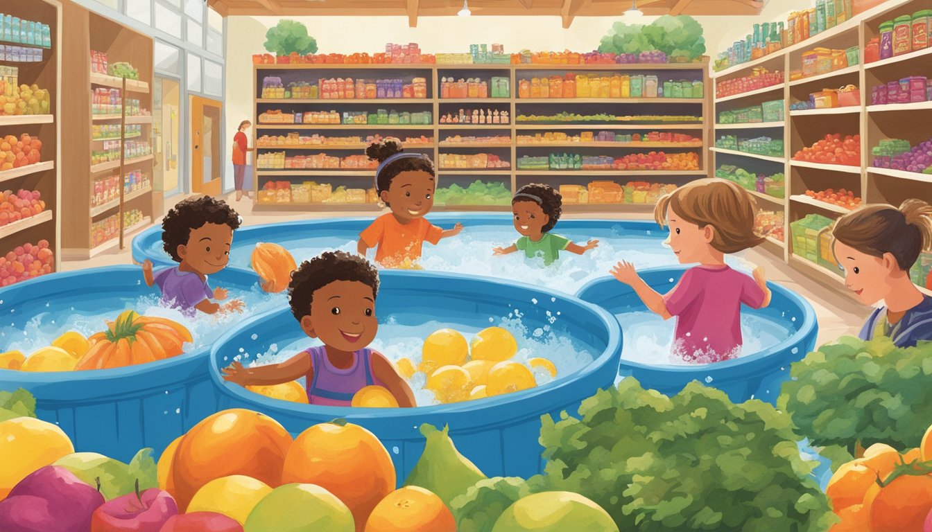 Children splashing in a colorful kiddie pool surrounded by shelves of seasonal products at Trader Joe's