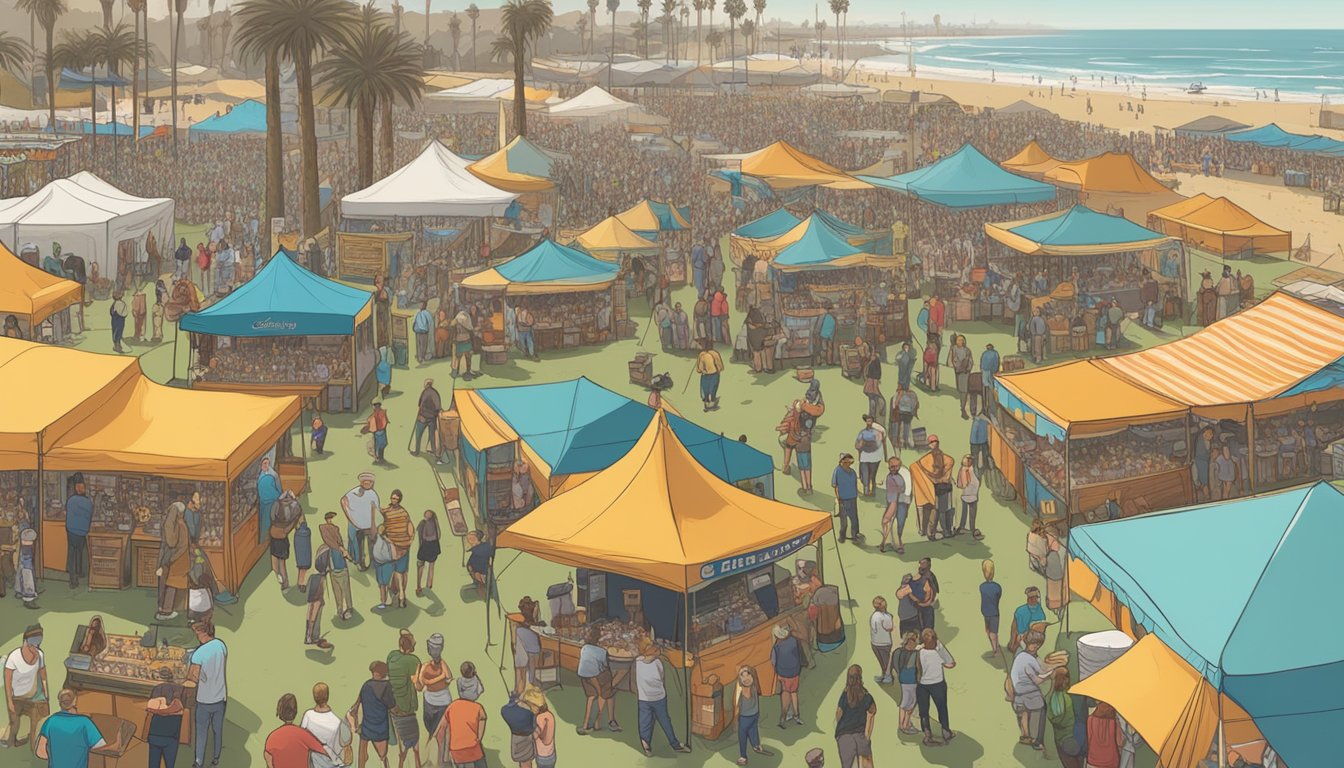 A bustling craft beer festival with colorful tents, live music, and people sampling various brews in Huntington Beach, CA