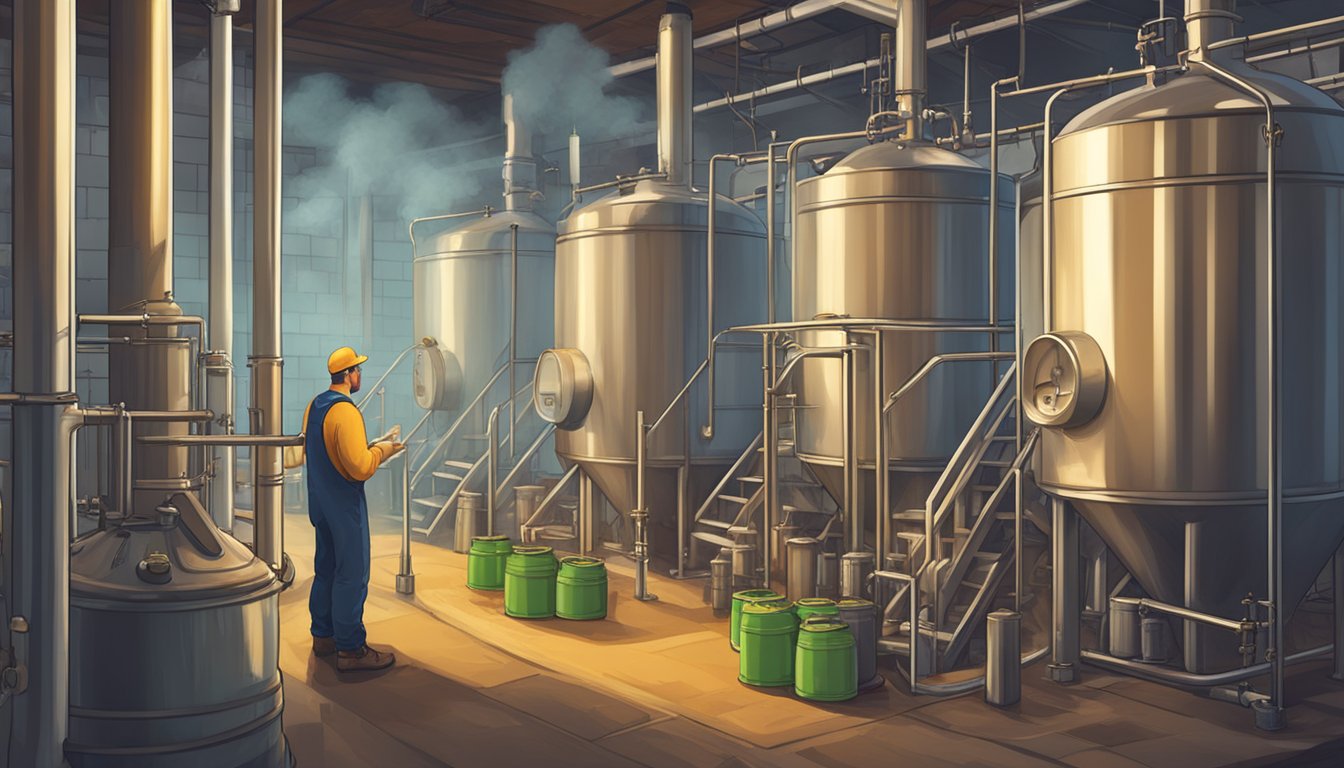 A brewery worker monitors the boiling vats as steam rises, while the aroma of hops fills the air. Bottles and kegs line the walls, ready for filling