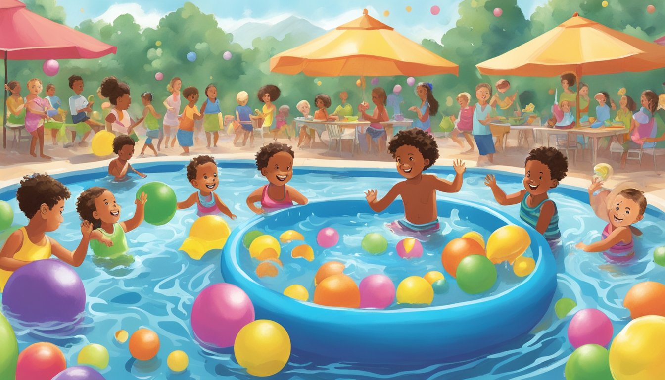 A colorful kiddie pool party at Trader Joe's with floating toys and splashing water