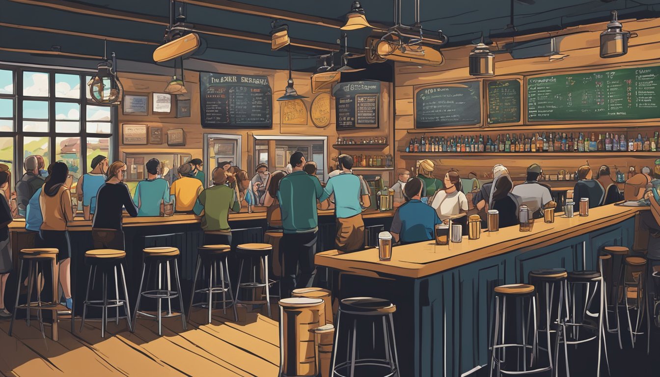 A bustling taproom with rows of colorful craft beer taps and a chalkboard menu, surrounded by locals enjoying pints and conversation