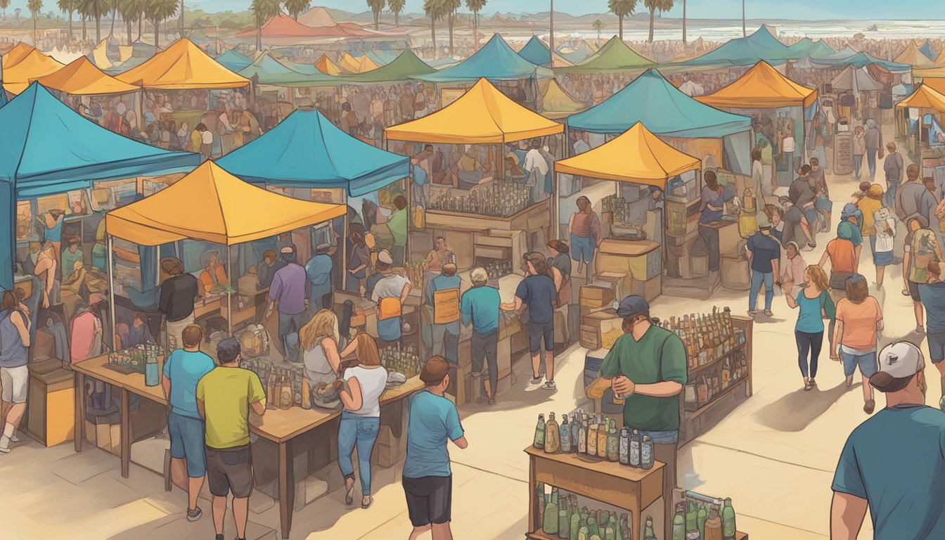 A bustling local craft beer festival: colorful tents, lively music, and happy patrons sampling brews from various Huntington Beach breweries