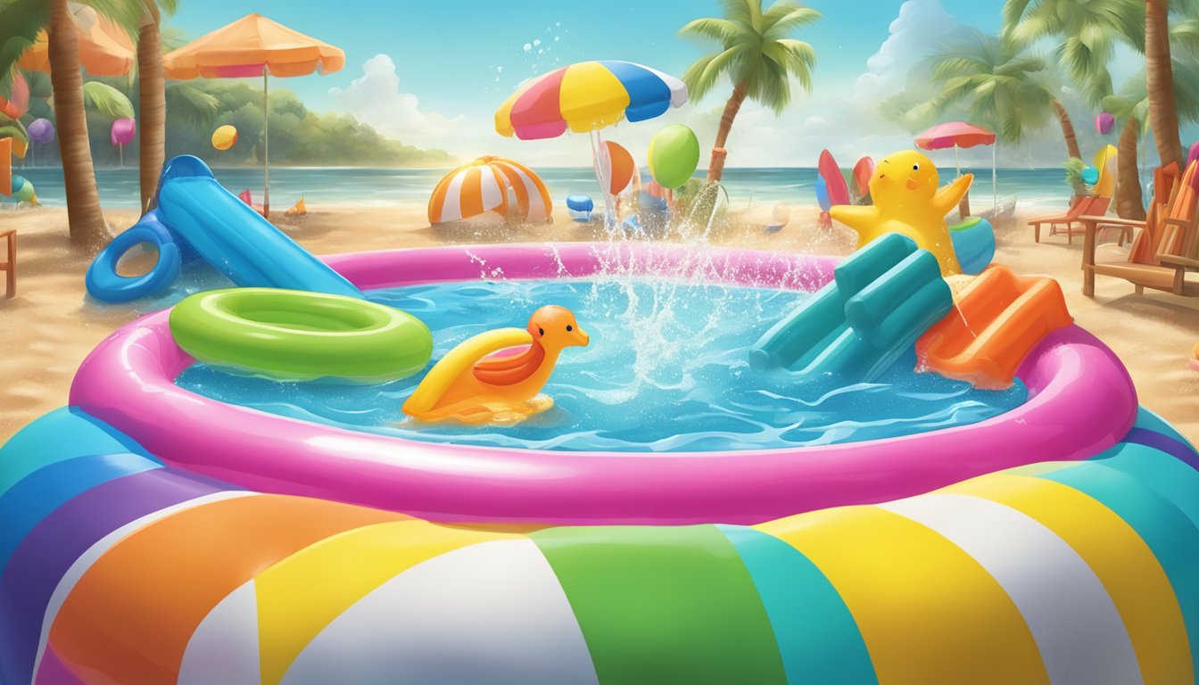 A vibrant, inflatable kiddie pool surrounded by colorful beach toys and splashing water