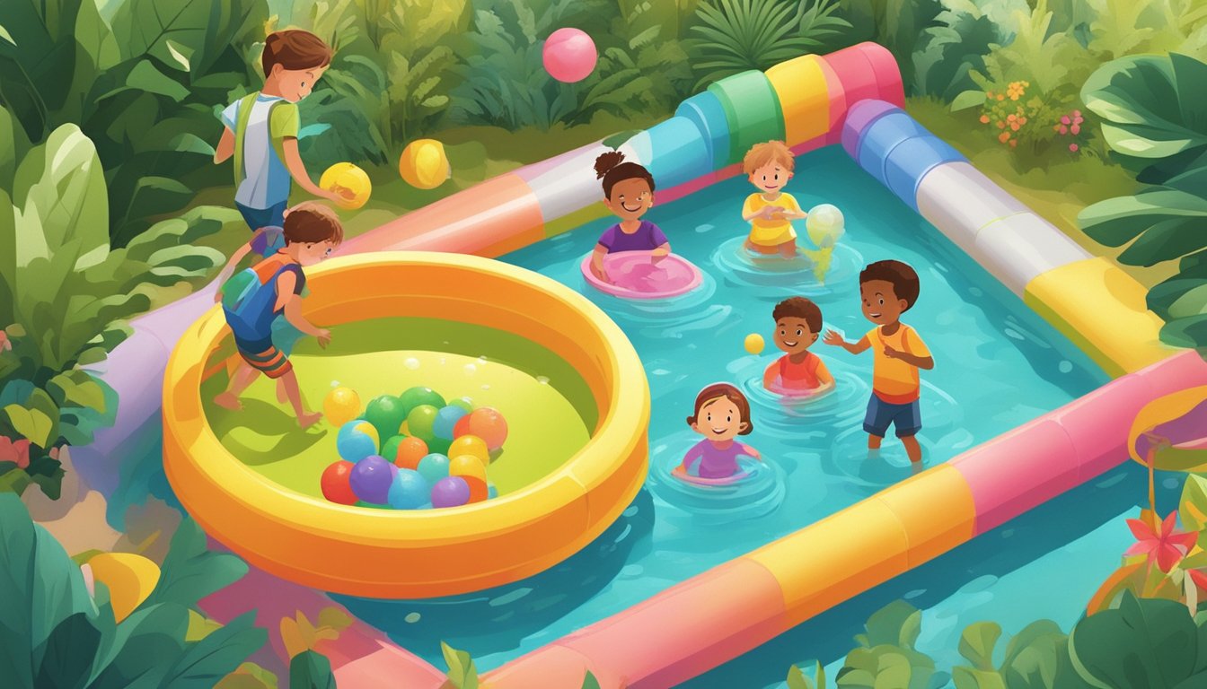 Children playing in a colorful, eco-friendly kiddie pool filled with water toys and surrounded by lush greenery