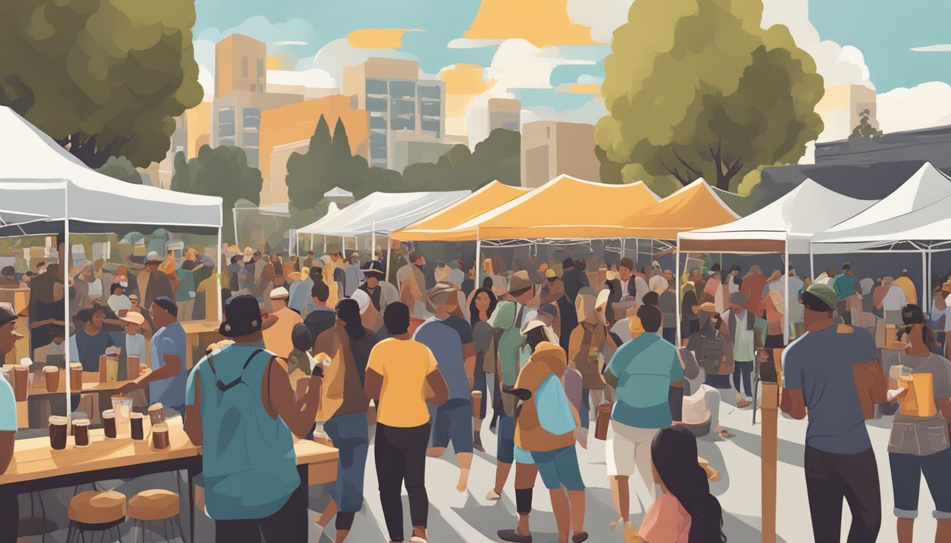 A bustling local craft beer festival in Inglewood, CA, with vendors, live music, and engaged community members enjoying the diverse selection of brews