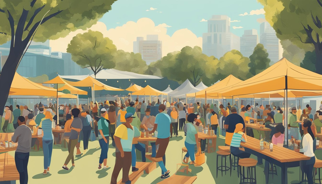 A bustling craft beer festival in Oakland, CA, with people mingling and enjoying various local brews at outdoor picnic tables