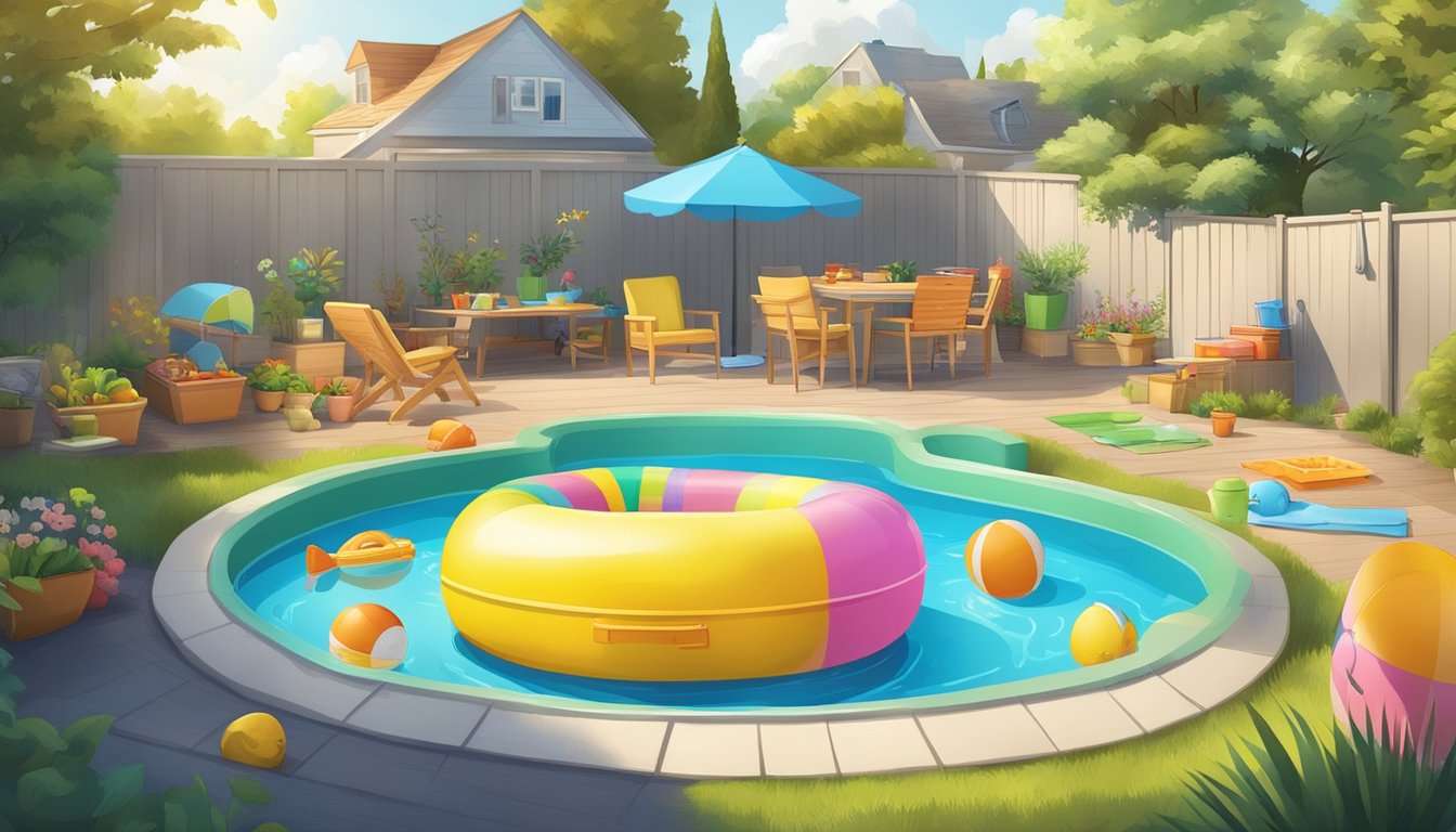 A sunny backyard with colorful kiddie pools filled with water and surrounded by eco-friendly toys and snacks