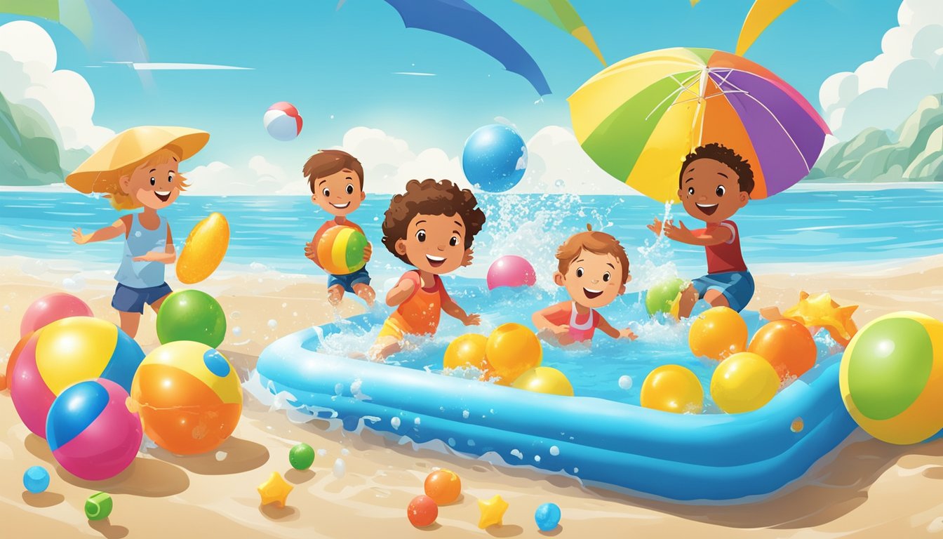 Children splashing in FoodMaxx kiddie pools, surrounded by colorful inflatable toys and beach balls. Sun shining, water glistening