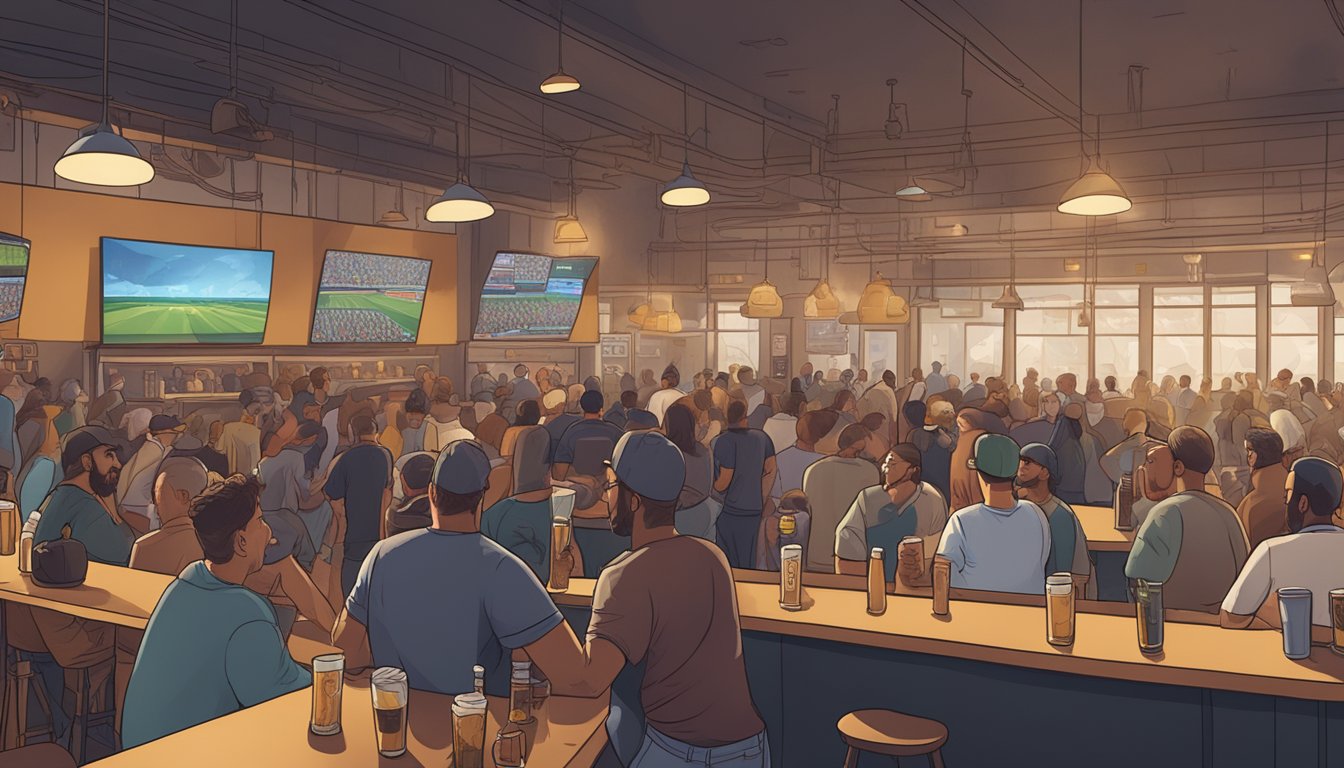 A crowded brewery in Inglewood, with people enjoying craft beer and watching sports on big screens