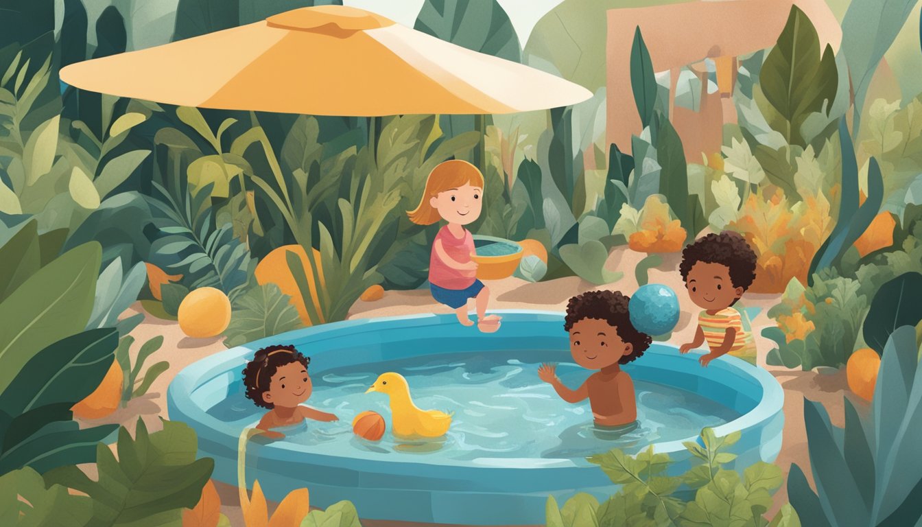 Children playing in kiddie pools made from whole foods, surrounded by sustainable decor and end-of-season foliage