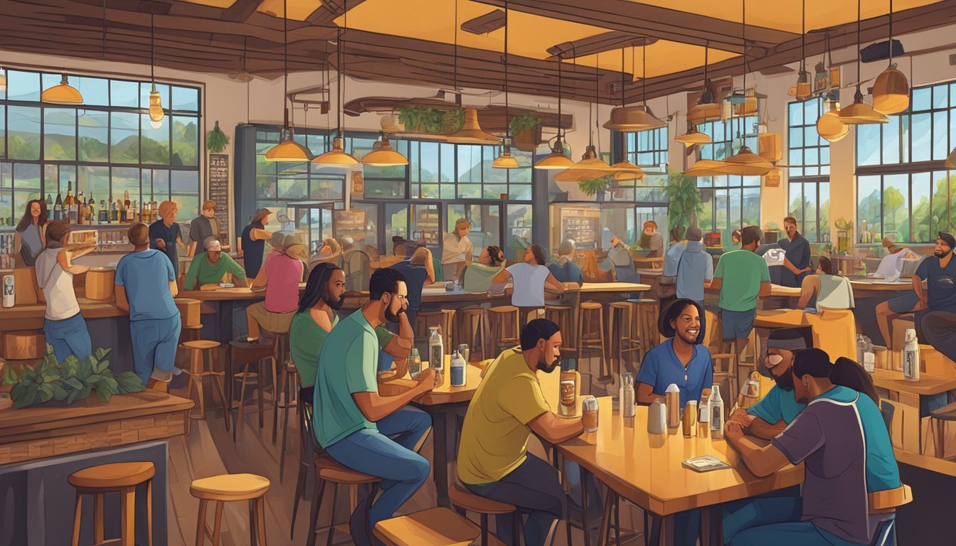 A bustling craft brewery scene in Inglewood, CA, with patrons enjoying locally brewed beers in a vibrant and inviting atmosphere