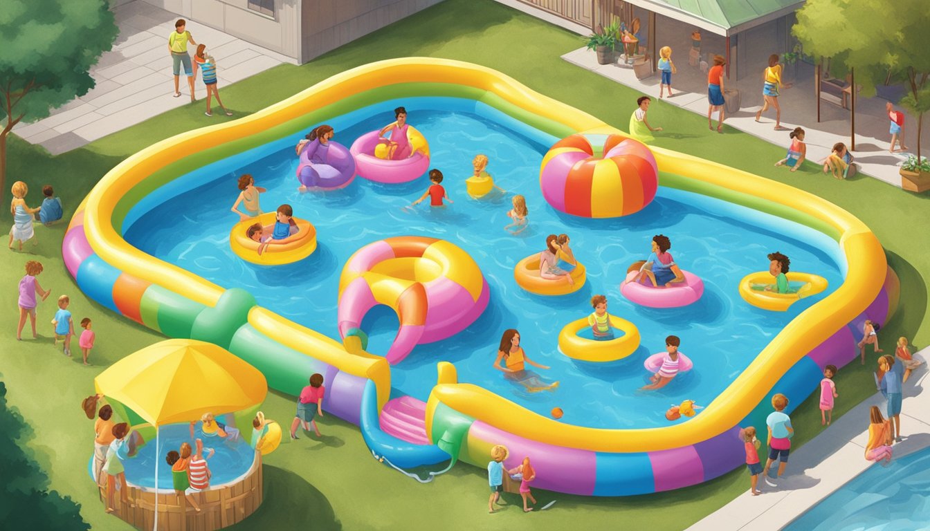 A colorful array of inflatable kiddie pools surrounded by happy children and watchful parents