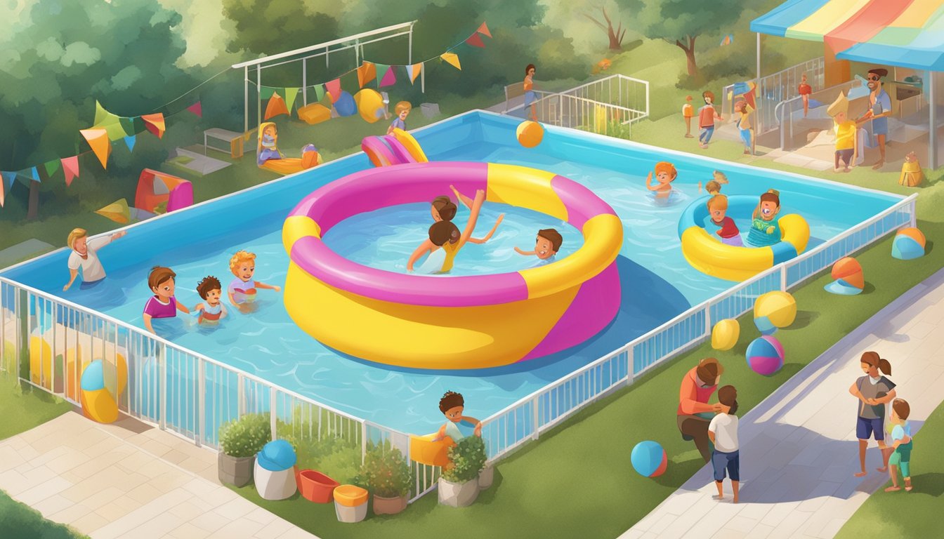 Children play in colorful kiddie pools with Safety and Supervision branding, surrounded by happy parents and lifeguards