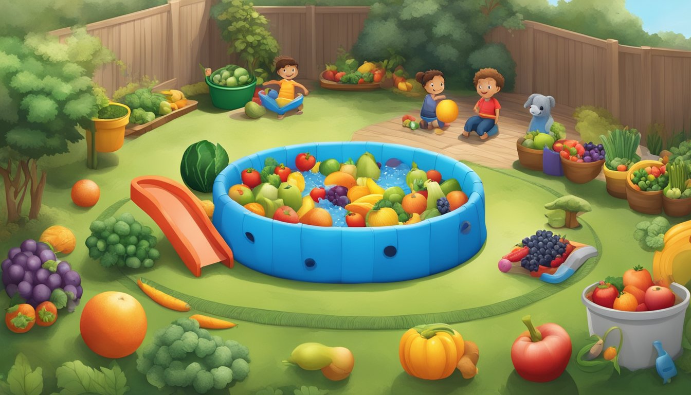 A kiddie pool filled with colorful whole fruits and vegetables, surrounded by children's toys and eco-friendly materials