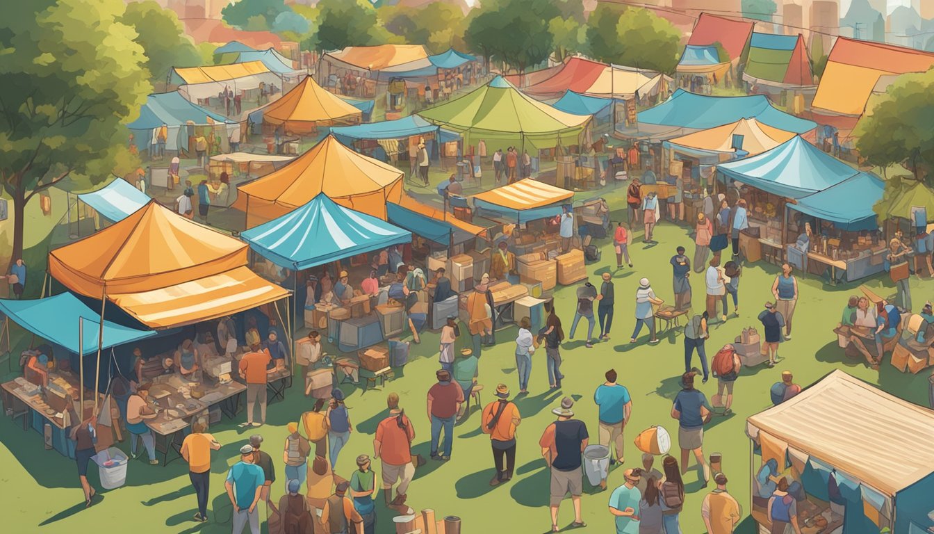 A bustling craft beer festival with colorful tents, live music, and people enjoying various brews in a picturesque outdoor setting