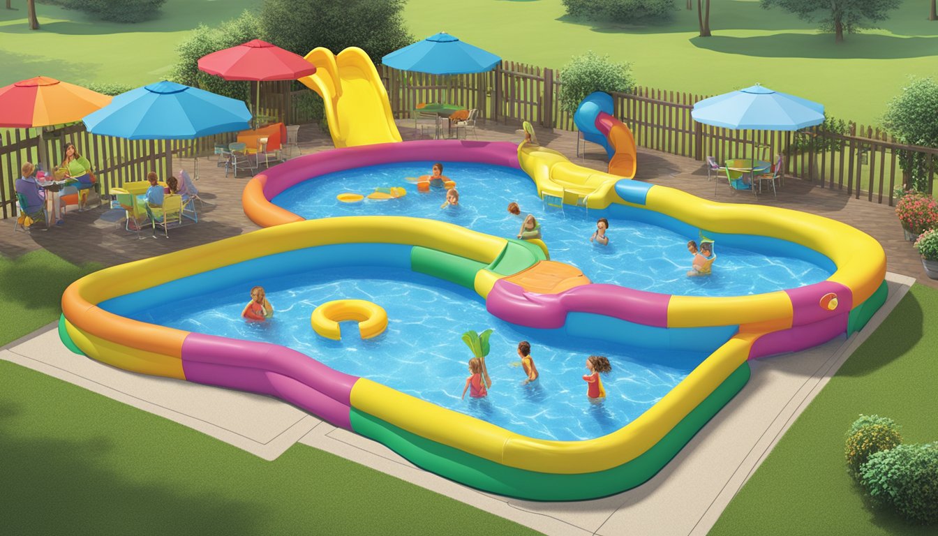 A colorful foodmaxx kiddie pool surrounded by playful add-on features and considerations, creating a fun and inviting atmosphere for children