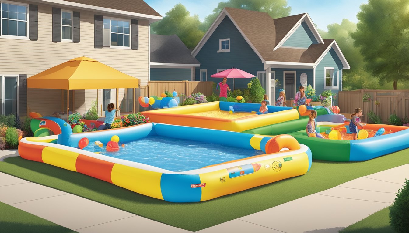 A sunny backyard with a variety of colorful and inflatable kiddie pools, ranging in different sizes and capacities, displayed on a vibrant display at Raley's