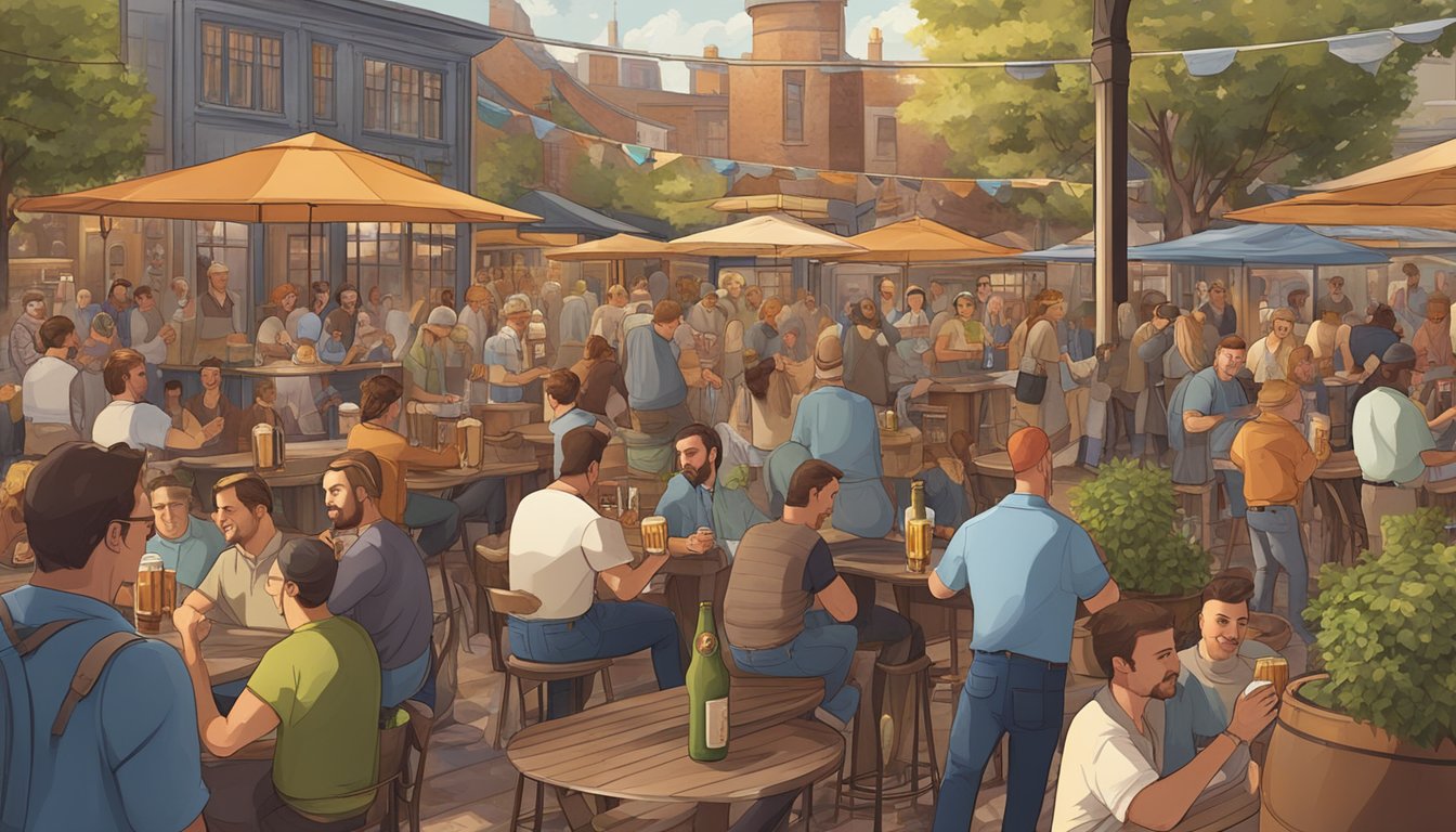 A lively brewery scene with outdoor seating, a variety of craft beer taps, and a bustling crowd enjoying drinks and conversation