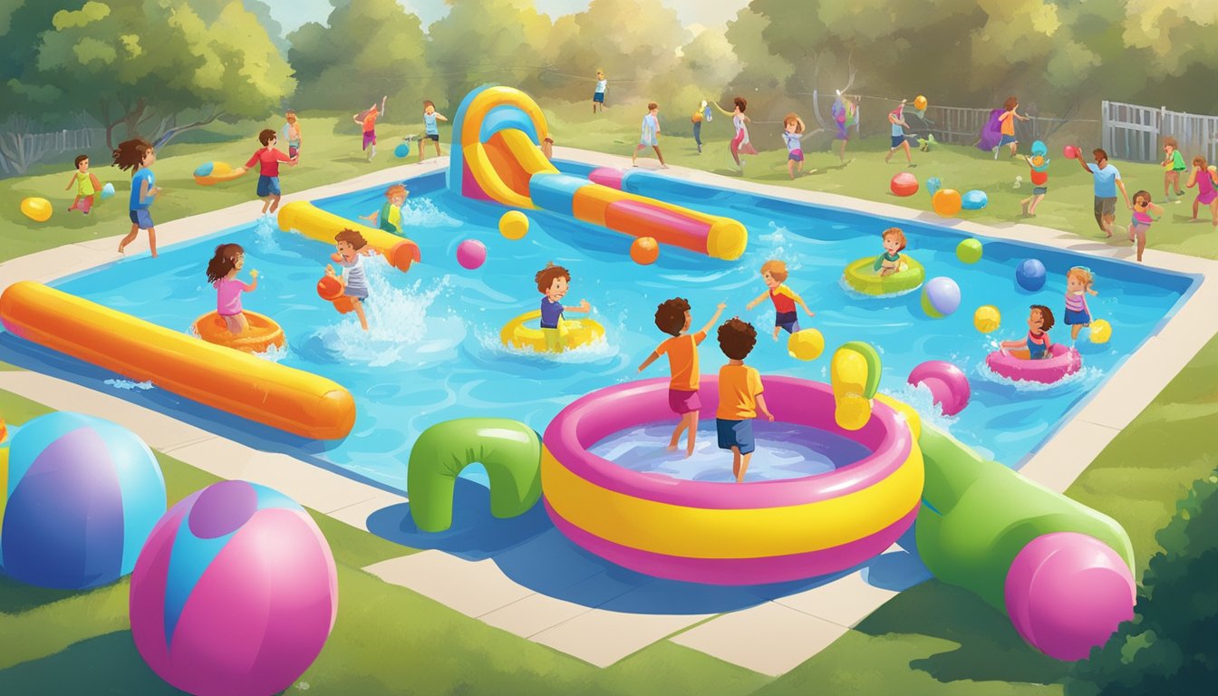 A colorful array of kiddie pools, with splashing water and excited children playing, surrounded by inflatable toys and water guns