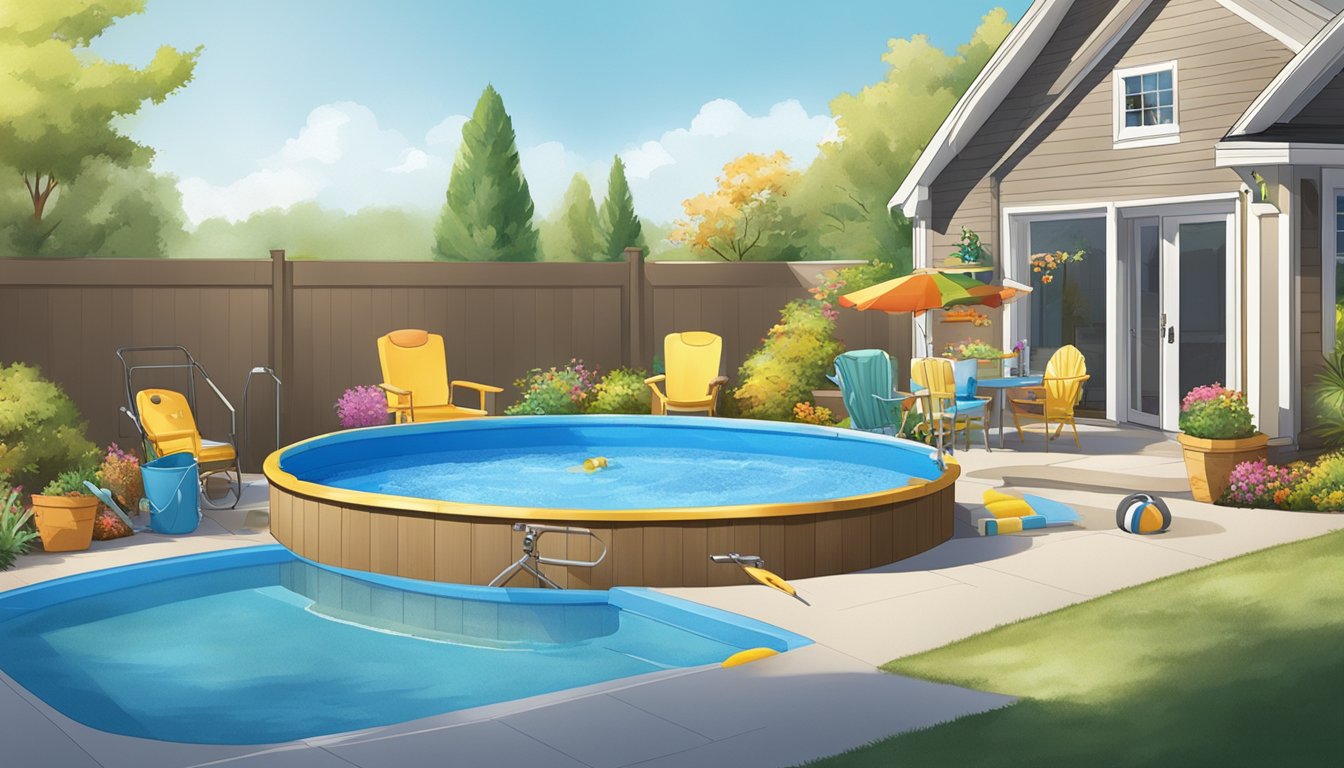 A sunny backyard with a colorful kiddie pool surrounded by easy-to-assemble maintenance tools and a variety of pool designs