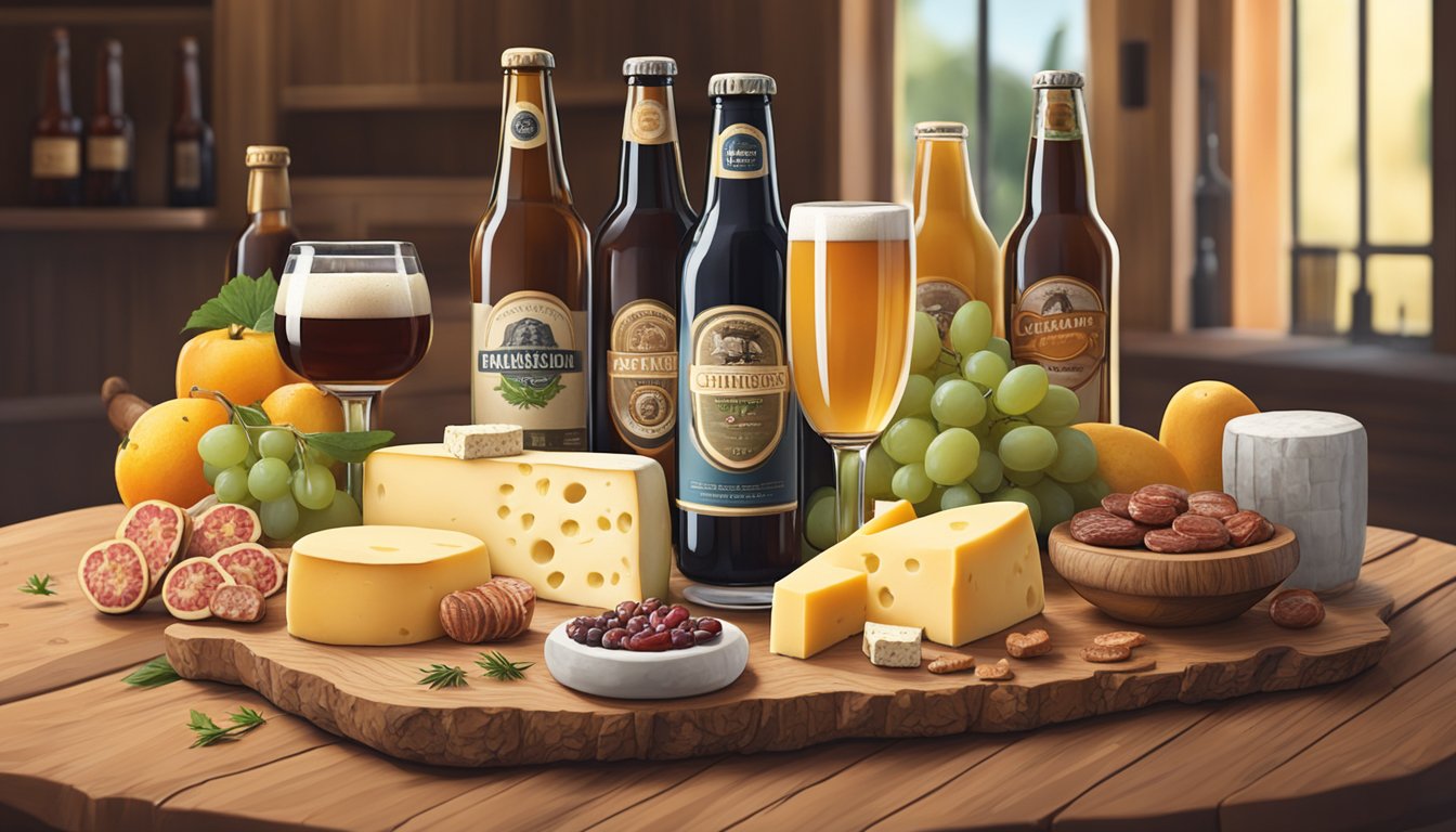 A rustic wooden table with an array of artisanal cheeses, charcuterie, and fresh fruits alongside a variety of craft beer bottles and glasses