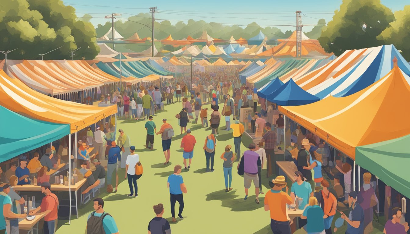 A bustling craft beer festival in Orange County, with rows of colorful tents, beer tastings, and lively conversation among local brewers and beer enthusiasts