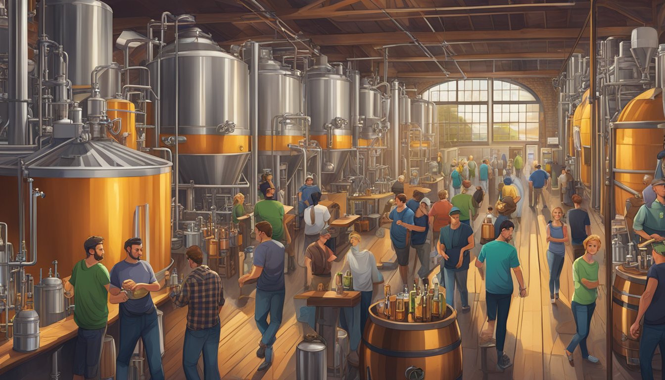 A bustling brewery scene with patrons sampling various craft beers, surrounded by industrial brewing equipment and vibrant decor