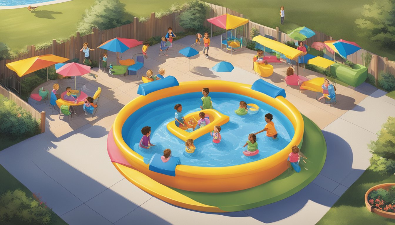 Children playing in colorful kiddie pools at a sunny outdoor setting with Wegmans branding visible