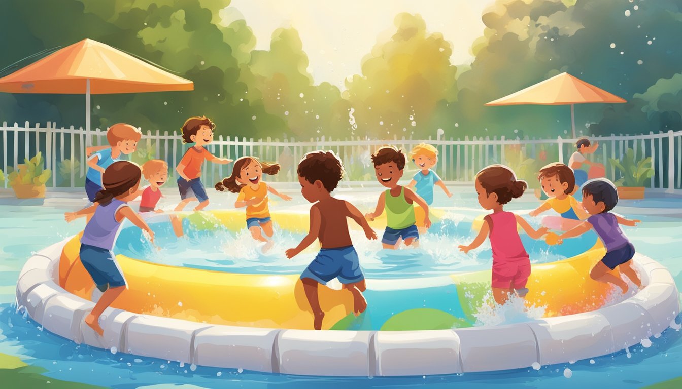 A sturdy, colorful kiddie pool surrounded by happy children playing and splashing in the water on a sunny day