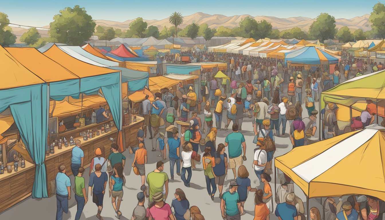 A bustling craft beer festival in Jurupa Valley, CA, with rows of colorful booths and lively conversations