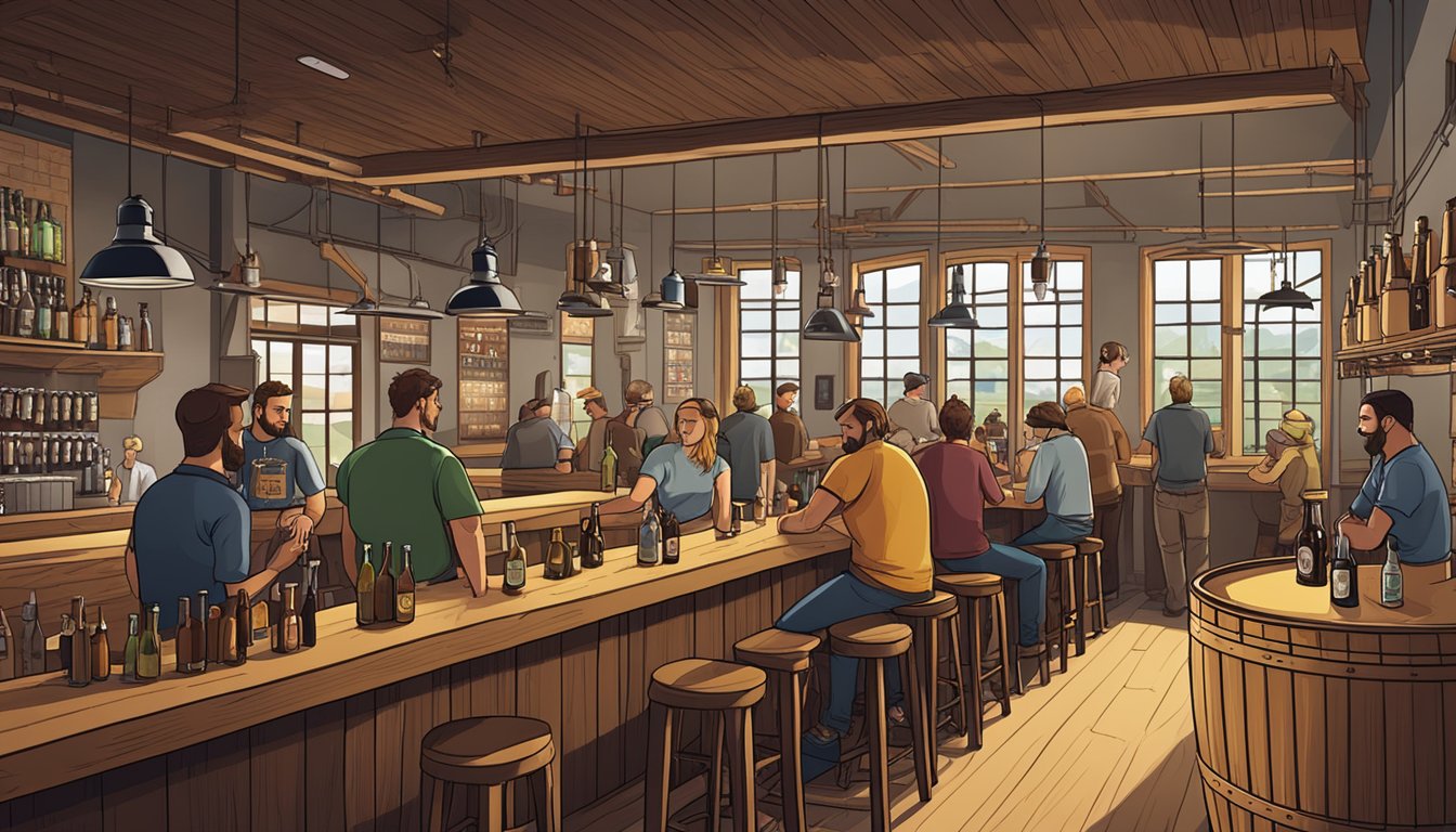 A bustling taproom with a variety of craft beer taps, wooden barrels, and brewery equipment. Patrons chat and sample beers at the bar while others relax at tables