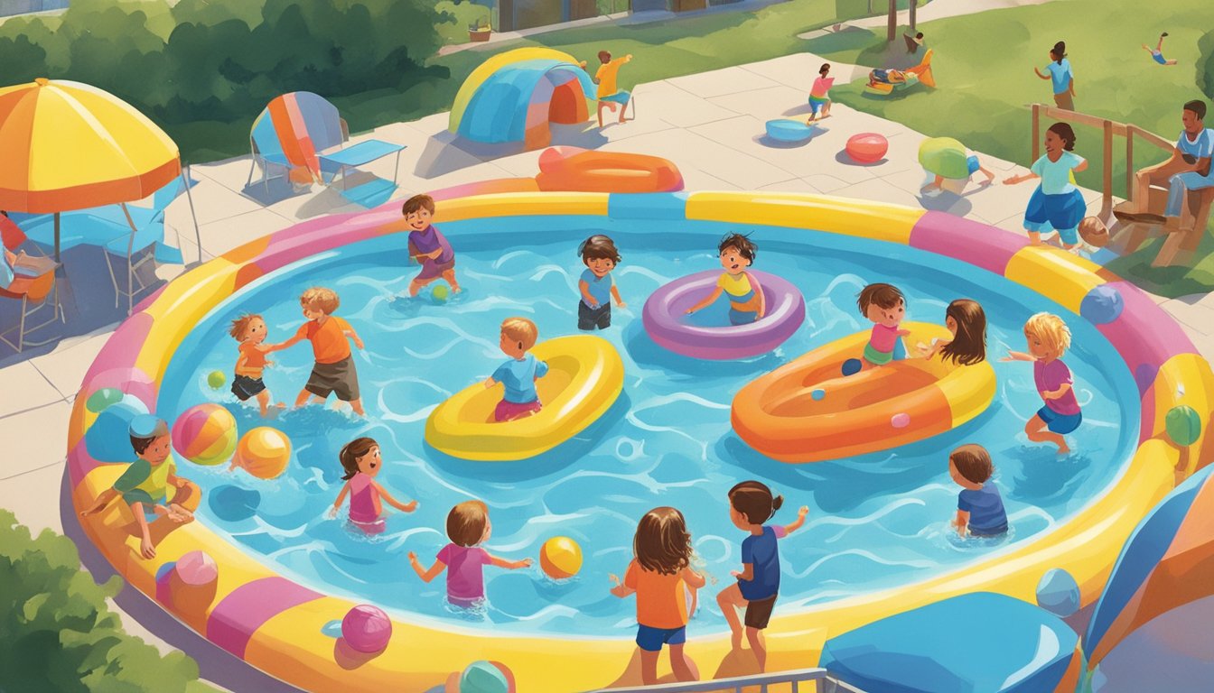 Children playing in Raley's kiddie pool with adult supervision nearby. Sunny day, clear blue sky, colorful pool toys scattered around